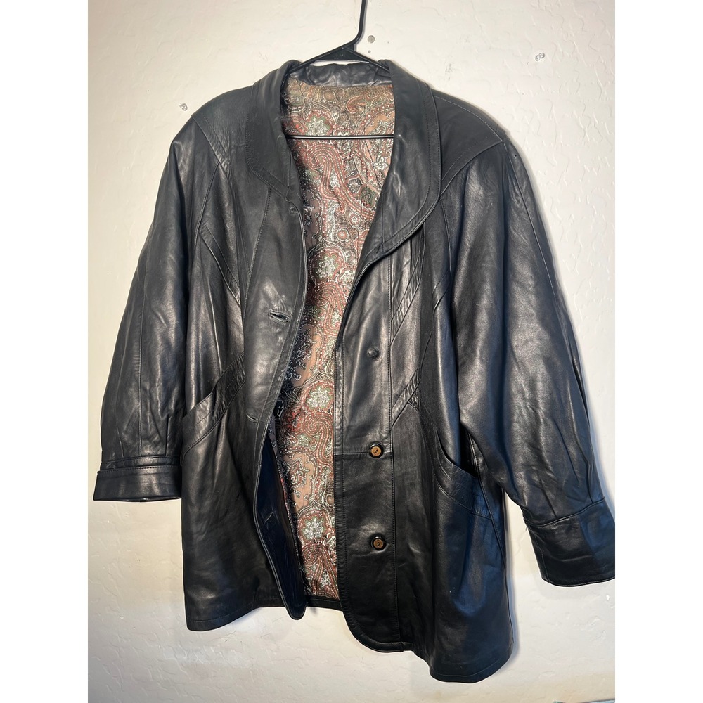 Vintage Gerome Barcelona Black Lambskin Leather Paisley Lined Jacket 80s Chevron